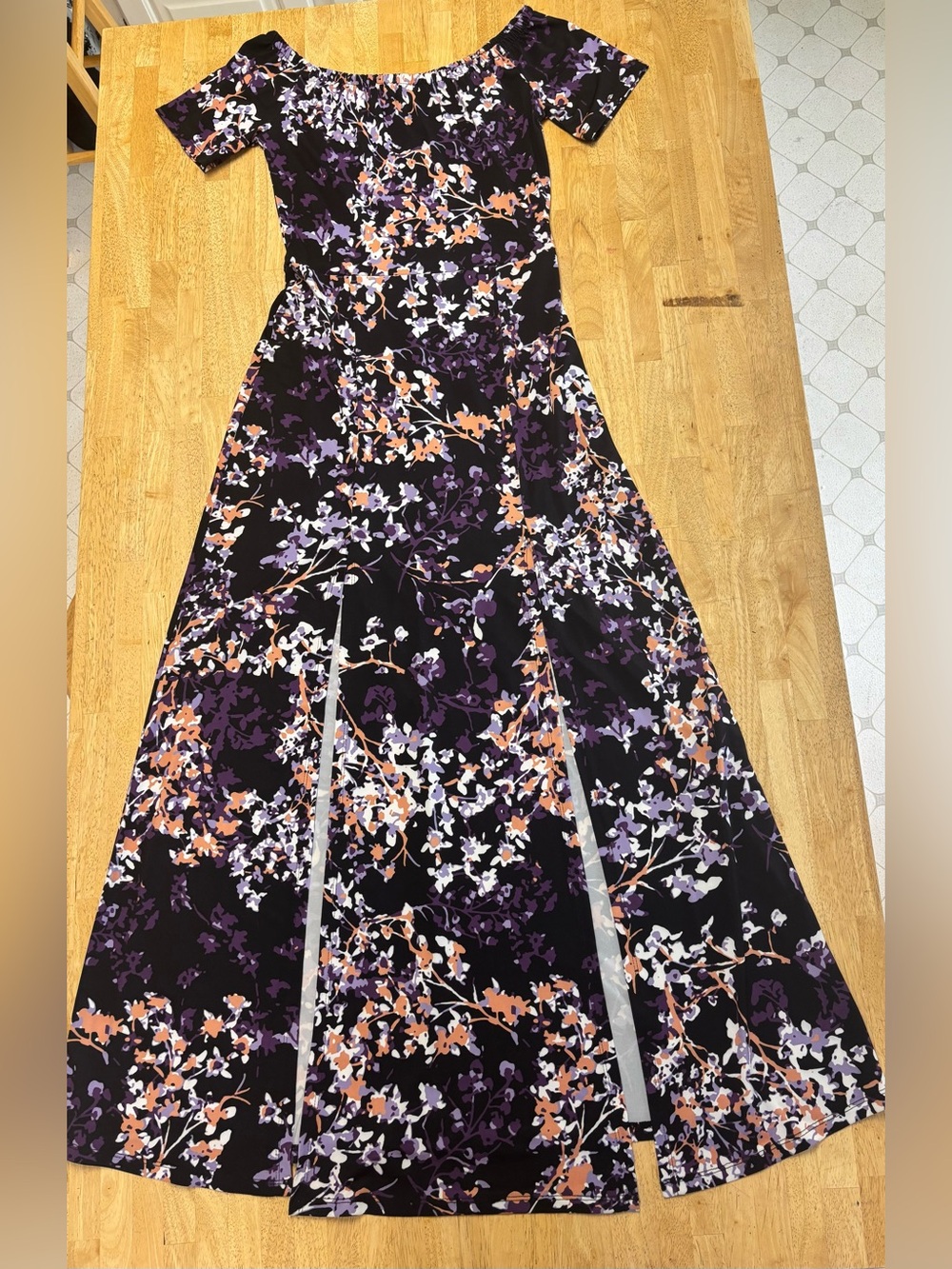 NWT Lascana Floral Off-Shoulder Maxi Dress in Black & Purple w/Double Front Slit